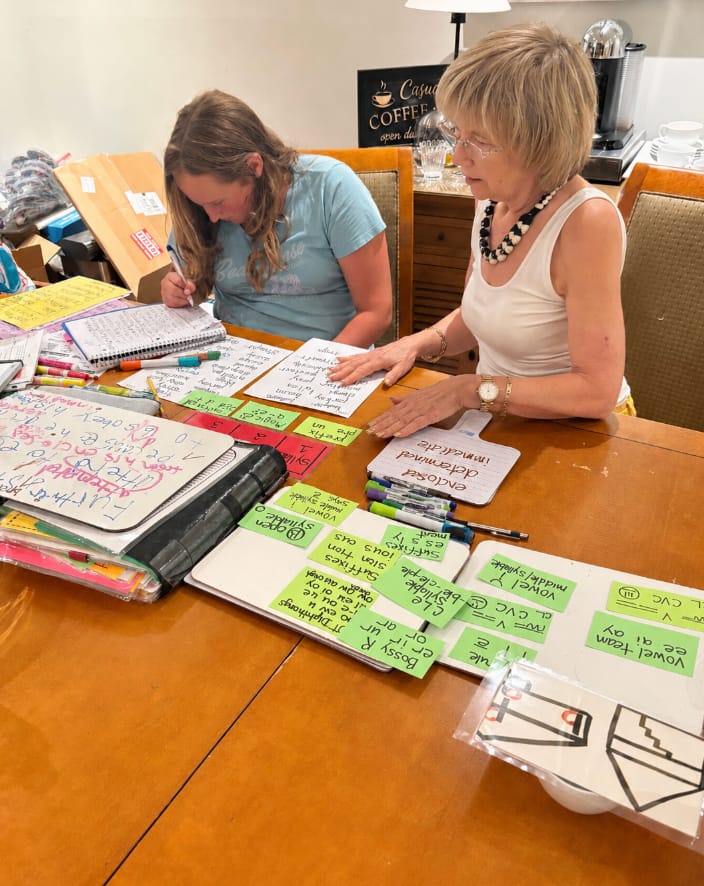 An older student sorting syllable types with color-coded cards